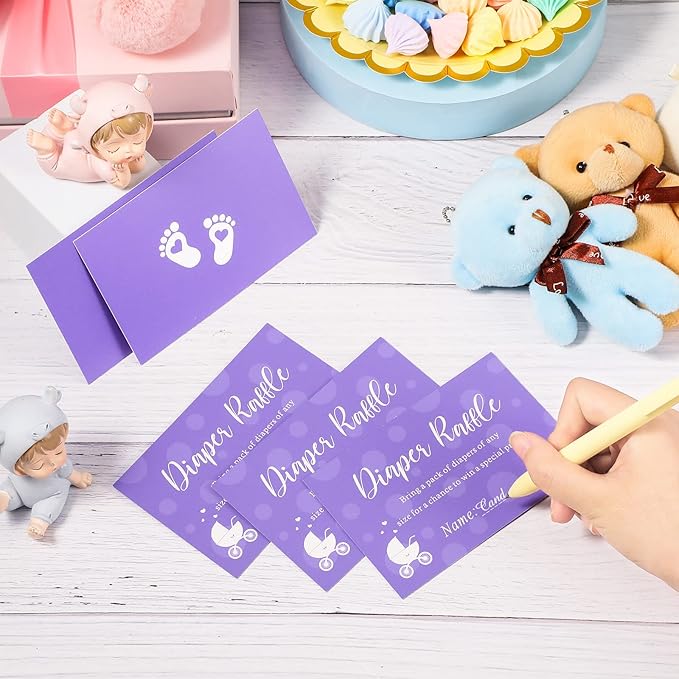 Funrous 51 Diaper Raffle Tickets with Box for Baby Shower Game Invitations Diaper Raffle Card for Gender Reveal Baby Shower Party Decoration Table Centerpiece(Purple Color)