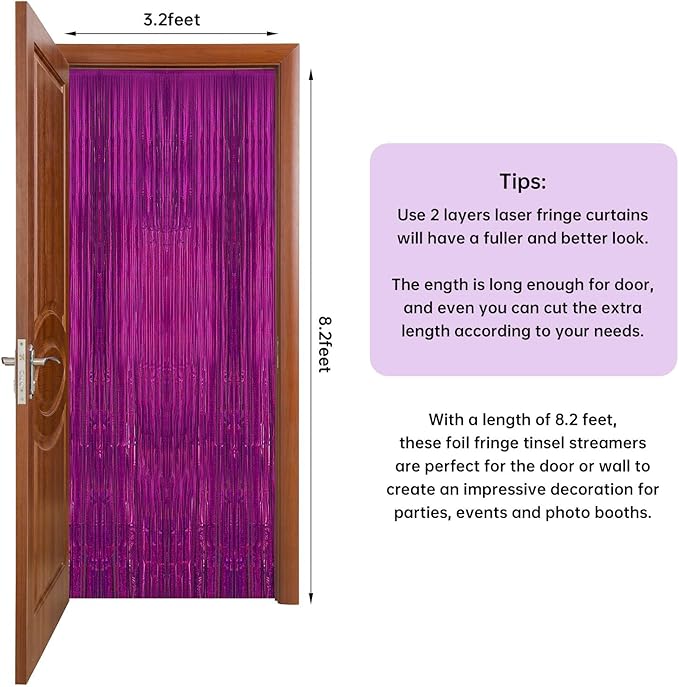 2 Pack 3.3 x 8.2 ft Tinsel Foil Fringe Curtain Backdrop, Upgraded Purple Glitter Metallic Streamers Backdrop Curtains for Birthday, Mermaid, Butterfly, Star, Space Galaxy Themed Party Decorations