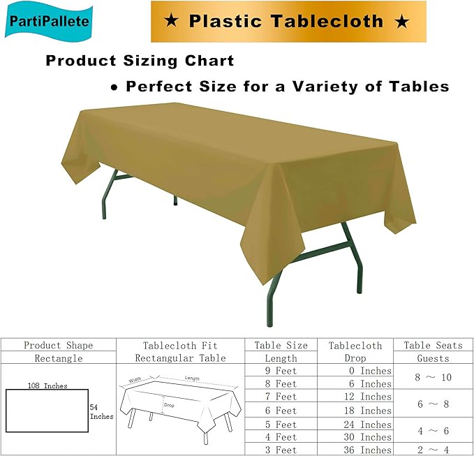 3-Pack Premium Plastic Gold Tablecloth Disposable 54" x 108" Rectangle Table Cover Party PEVA Golden Table Cloths for Fall Parties Harvest Graduations Anniversary Thanksgivings Events