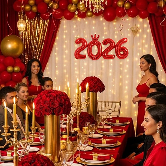 TONIFUL 2026 Red Crown Foil Number Balloons 16 Inch Red Number Banner 2026 Graduation Aluminum Foil Mylar Balloons for New Year Eve Christmas Anniversary Party Supplies