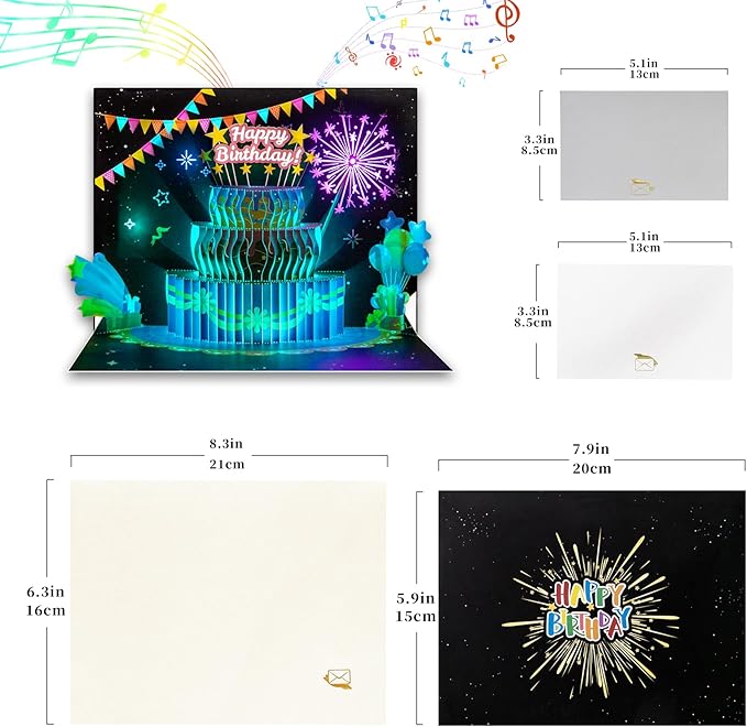 GREETING ART 3D Pop Up Firework Birthday Cards, Musical & LED Lights Birthday Cards with Birthday Cake, Happy Birthday Card Postcards Greeting Cards for Women, Men, Kids