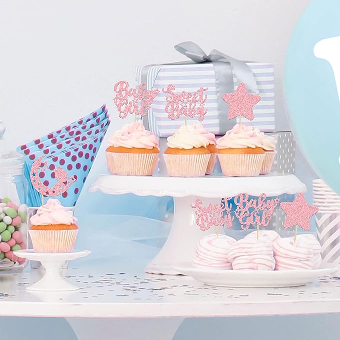 Gyufise 24Pcs Pink Glitter Baby Girl Cupcake Toppers Star Moon Sweet Baby Shower Cupcake Picks Baby Shower Girls Birthday Party Cake Decorations Supplies