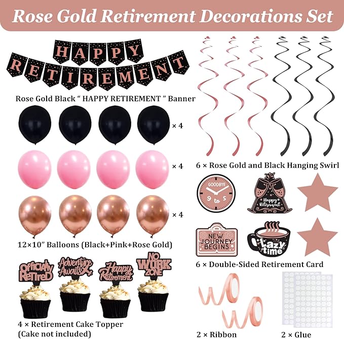 Retirement Party Decorations Women, Rose Gold Black Happy Retirement Decorations Female, Happy RetIrement Banner, Retired Backdrop, Balloons, Pompom, Hanging Swirl, Retired Card, Cake Topper 54pcs