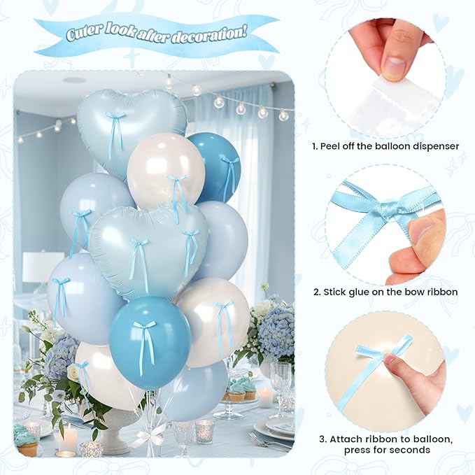 Paready Baby Blue Heart Balloon, 38 Inch Bow Balloons, Pearl Sand White Dusty Blue Latex Balloons and Bow Heart Shaped Foil Balloon for Boys Birthday Wedding Bridal Baby Boy Shower Valentine Decor