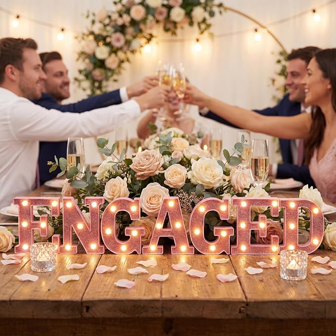 Honoson 7 Pcs 6.5 Inch Engagement Party Decorations Pink Warm Engaged LED Letter Lights Sign Lights Table Decoration for Wedding Engagement Bridal Shower Engaged Party Decor