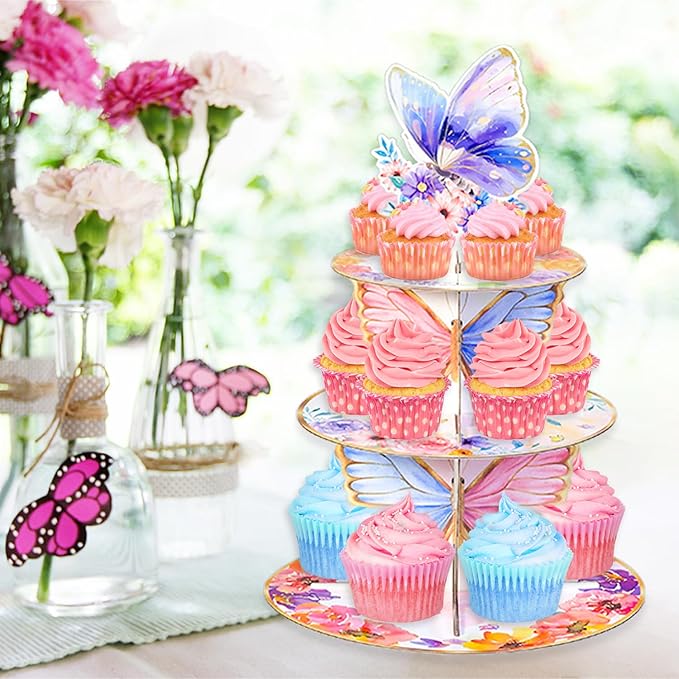 Butterfly Cupcake Stand,3 Tier Cupcake Tower,Butterfly Decorations with Floral Crown for Birthday Wedding Baby Shower Party Supplies Pink Purple Butterfly Dessert Cake Tower Stand