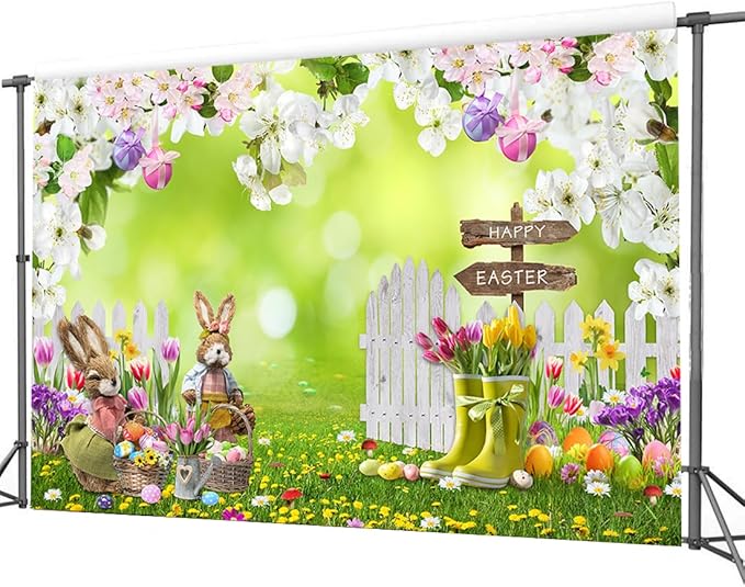 CYLYH 10x8FT Easter Photo Backdrop Spring Flowers Grass Backdrop Colored Egg Rabbit Backdrop for Easter Party Decoration Baby Shower D854