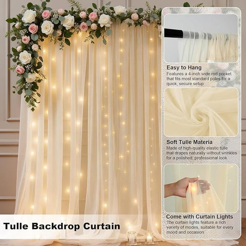 10 FT x 10 FT Champagne Backdrop Curtain - Tulle Backdrop Curtain with 9.8FT Lights String - Sheer Backdrop Curtains with 4 Inch Rod Pockets for Birthday Party Weddings Baby Shower Photo Booth Props