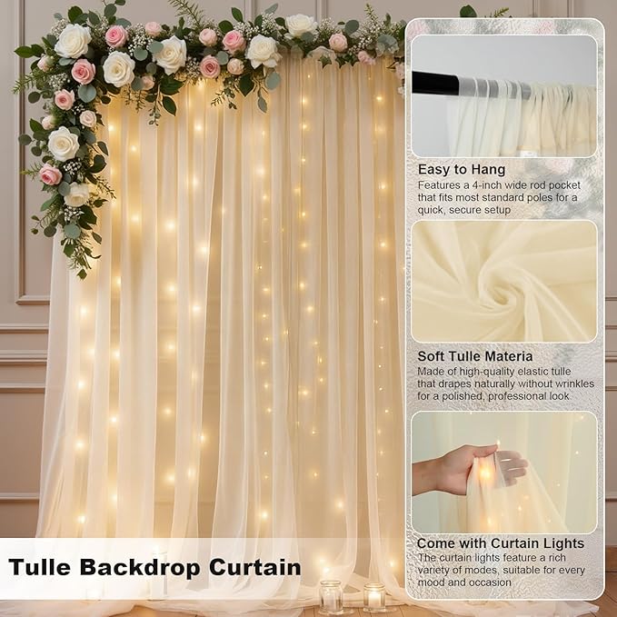 GALLETY 10 FT x 8 FT Champagne Backdrop Curtain - Tulle Backdrop Curtain with Lights String - Sheer Backdrop Curtains with 4 Inch Rod Pockets for Birthday Weddings Baby Shower Theme Party Decorations