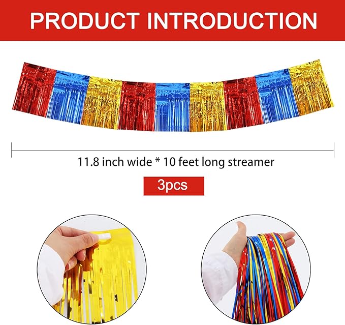 BEISHIDA 3 Packs Metallic Foil Fringe Garland Gold Red Blue Wall Hanging Tinsel Fringe Banners for Car Floats Birthday Baby Bridal Shower Wedding Graduation Holiday Party Decoration(30 Feet)