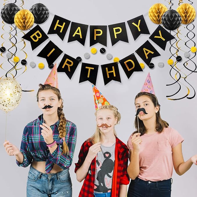 Gold and Black Birthday Decorations,Black and Gold Happy Birthday Banner,Gold Happy Birthday Decorations for Men,Women,Boys and Girls