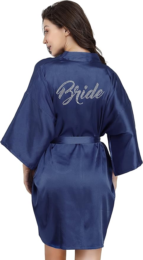 EPLAZA Women's One Size Silver Rhinestones Bride Bridesmaid Short Satin Robes for Wedding Party Getting Ready