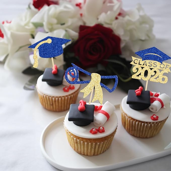 Gyufise 24Pcs 2026 Graduation Cupcake Toppers Glitter Class of 2026 Cupcake Picks Diploma Graduation Cap Cake Decorations for Theme Party Supplies Gold Blue