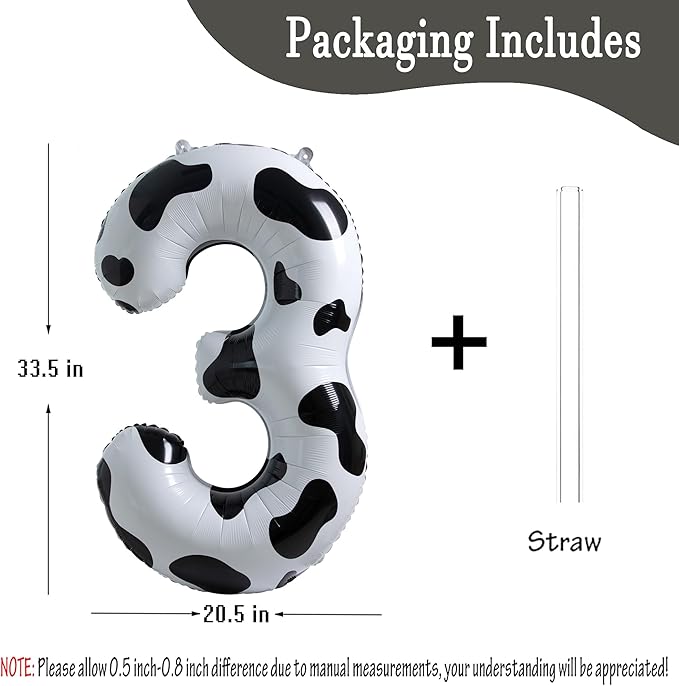 Cow Print Balloon Birthday Decorations Supplies,40 inch Number 3 Balloon | Cowgirl Theme Number Balloons for 3st Birthday Party | Farm Barn Decor for kids