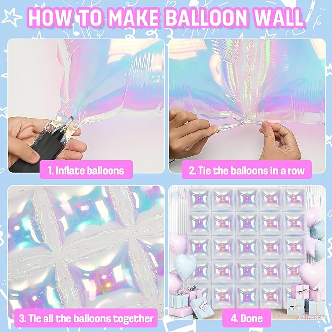 Iridescent Square Foil Balloons Wall, Double Sided Chrome Holographic Rainbow Foil Balloons Wall Backdrop, Shiny Iridescent Balloons for Wedding Anniversary Mermaid Birthday Disco Party Decorations
