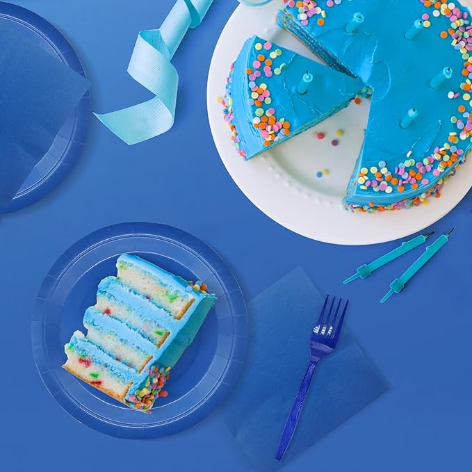Severs 25 Guests Blue Party Supplies Set Include 9-inch Blue Paper Plates Cups Napkins and Tablecloth,Disposable Dessert Plates for Wedding Birthday