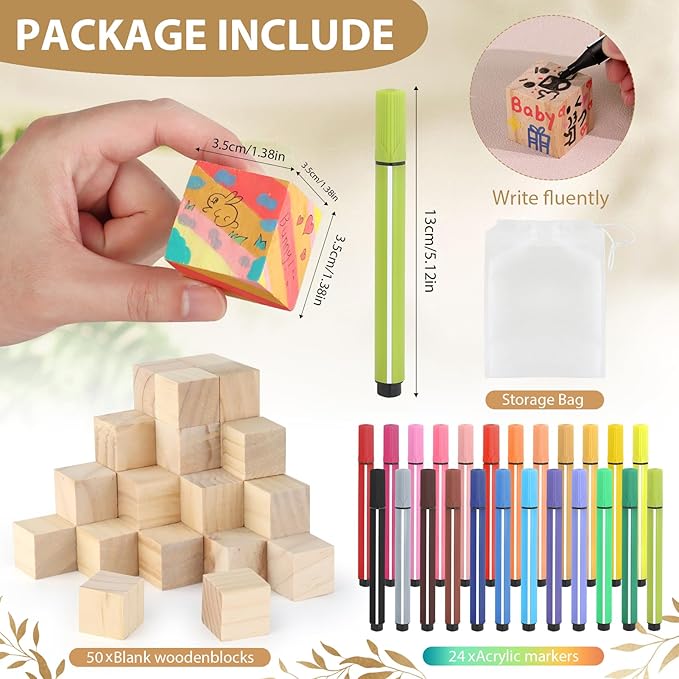 Baby Shower Games Sign Kit with 50 Blank Wooden Baby Blocks, 24 Acrylic Paint Marker and Wooden Sign, Blocks for Baby Shower Games, Gender Reveals Party(Gold)