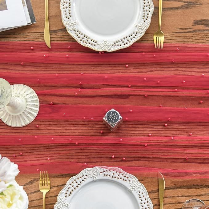 Artoid Mode 3PCS Pearl Red Gauze Table Runner 120 Inch 10FT, Seasonal Sheer Dining Holiday Wedding Birthday Baby Shower Table Decor for Home Party