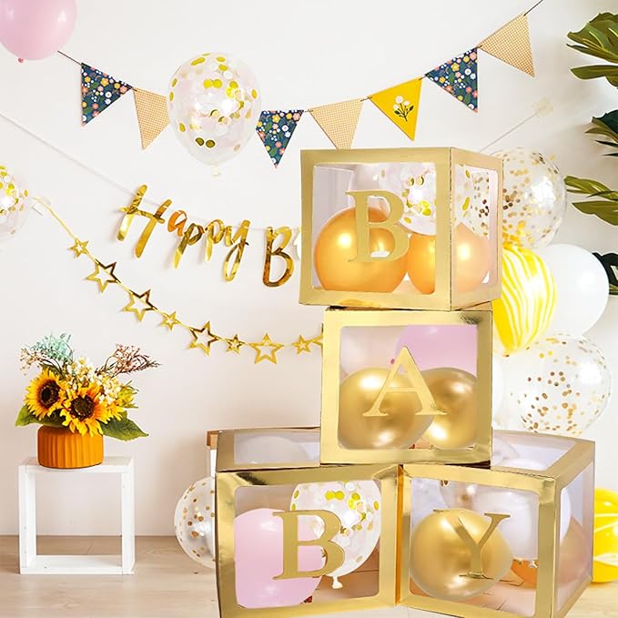 Ledido 2026 Graduation Balloon Boxes Decorations, 4 Pieces Gold Clear Grad Balloon boxes with Letters, Class of 2026 Graduation Party Supplies for College, High School, Prom, Birthday, Baby Shower