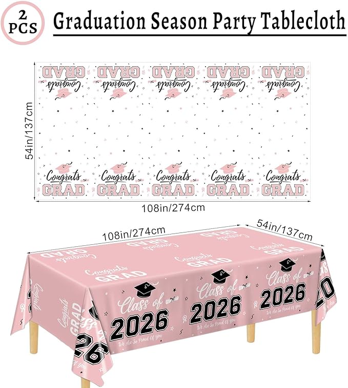 Oigco 2 Pack Pink Graduation Tablecloths, Graduation Decorations Class of 2026, Congrats Grad Plastic Table Cloths for Graduation Party Decorations, 54 x 108 Inch