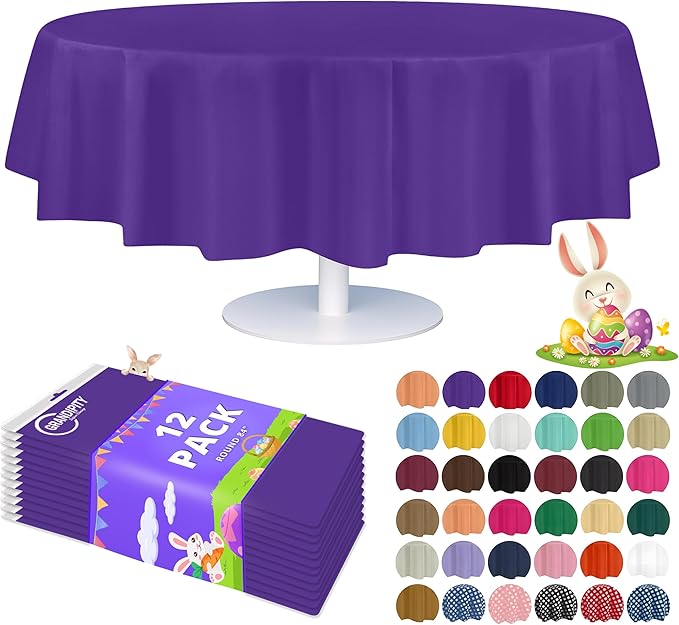 Grandipity 12 Pack Premium Disposable Plastic Tablecloth 84" Inch Decorative Round Table Cover - Purple