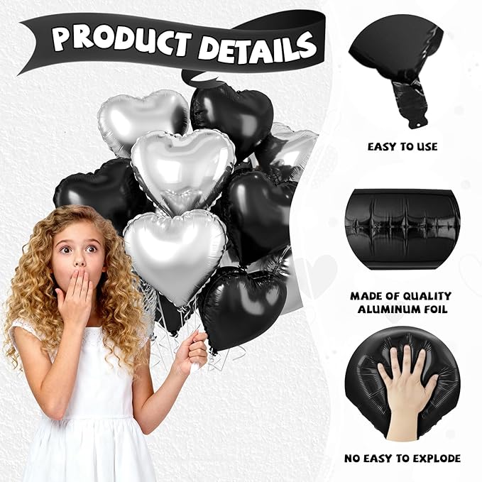 Black Silver Heart Balloons, 10 Pcs 18 Inch Metallic Silver Black Heart Shaped Balloon Foil Balloons Helium for Boys Men Brithday Bridal Baby Shower Valentines Day Halloween Party Decorations