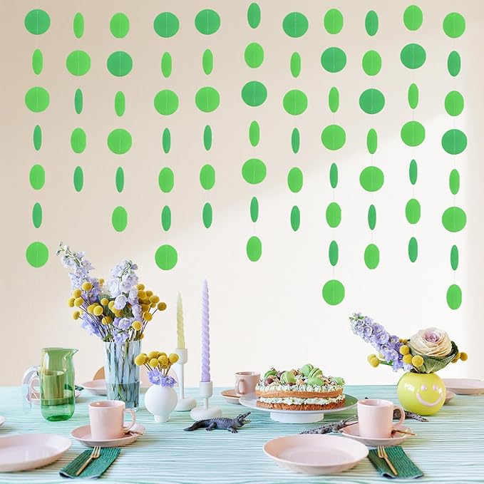MerryNine Paper Garland 5 Pack, 50ft Glitter Paper Garland Circle Dots Hanging Decor, Banner for Baby Shower, Birthday, Nursery Party Decor (Green)