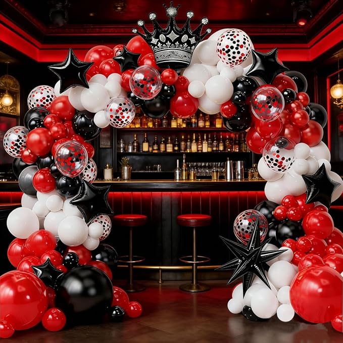 Black and Red White Balloon Garland kit,Red Black Confetti Crown star Foil balloons for Birthday Party anniversary wedding graduation