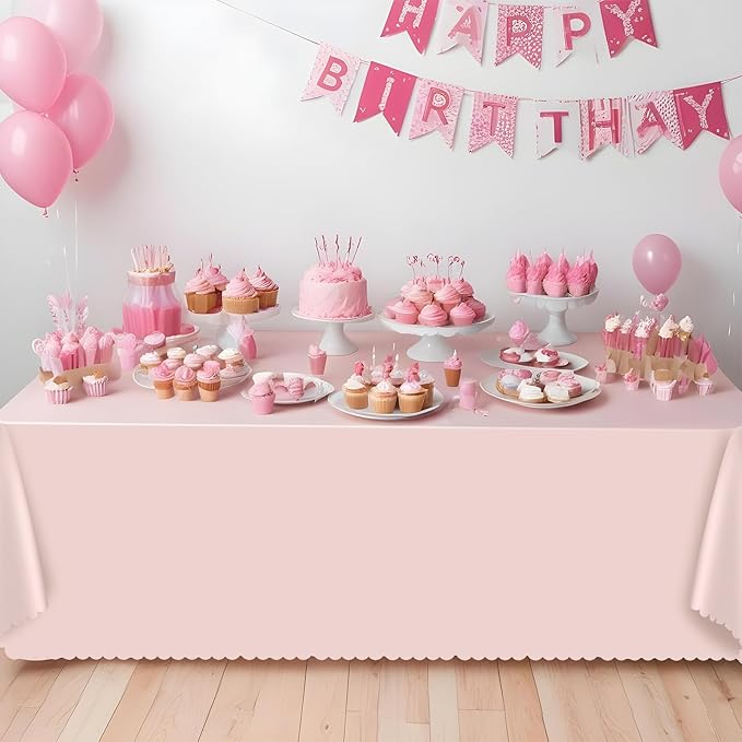 12 Pack Plastic Light Pink Tablecloths, 54 X 108Inch Baby Pink Tablecloth Scalloped Mother's Day Table Cloth for Rectangle Tables Disposable Table Cover for Easter Bridal Shower Tea Party Wedding