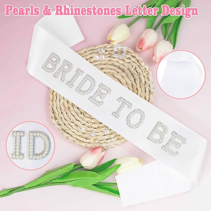 Bride To Be Sash Bridal Veil White for Bachelorette Party Decorations, Short Veil with Comb Pearl Satin Sash Set Bridal Shower Favors Gifts for Engagement Supply Bach Party Wedding Accessories