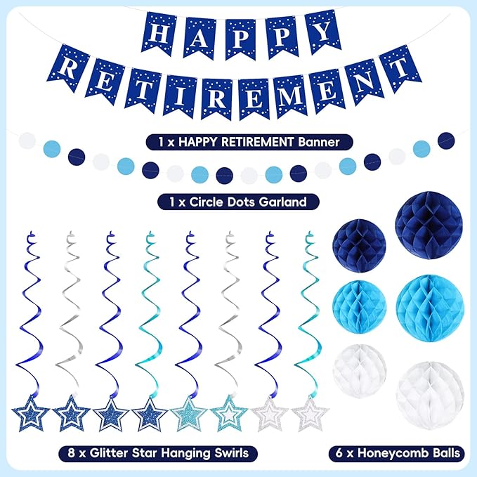 Happy Retirement Party Decorations for Men Women Blue Silver Happy Retirement Banner Honeycomb Balls Pentagram Hanging Swirl Streamers Circle Dots Garland