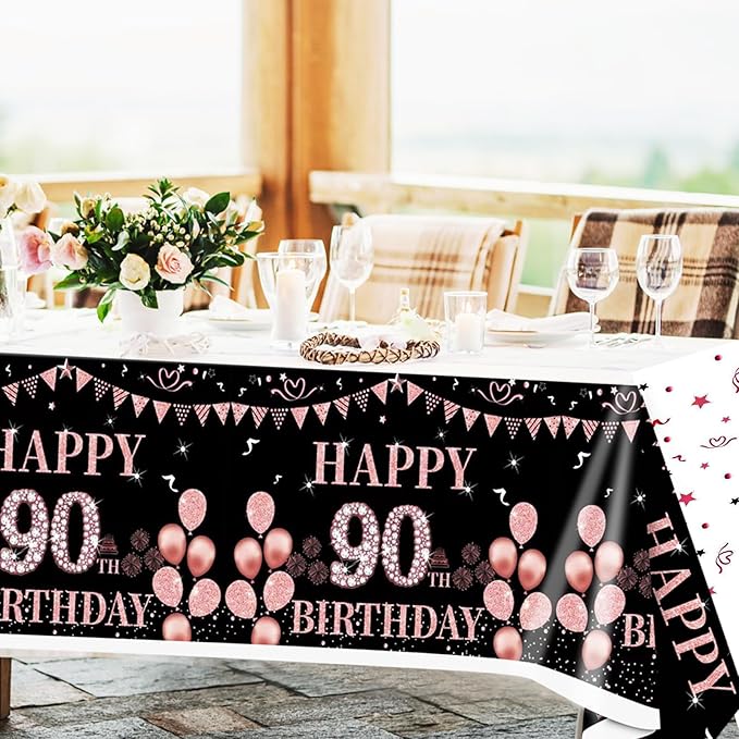 3PCS 90th Birthday Tablecloth 90 Year Old Black and Rose Gold Birthday Decorations Cheers to 90 Years Table Cloth Disposable Plastic Rectangular Table Cloth for Women