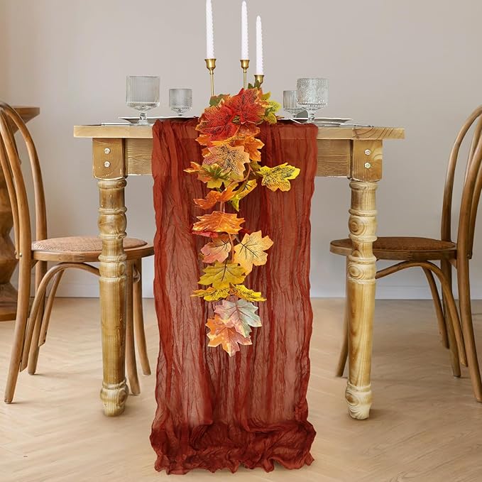 Fall Table Runner, 10FT Thanksgiving Cheesecloth Table Runner 35*120inch Terracotta Table Runners for Fall Wedding Baby Shower Friendsgiving Thanksgivig Home Kitchen Table Decorations