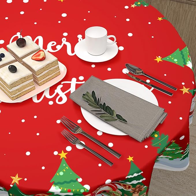 Red Merry Christmas Round Tablecloth 70 Inch Snowman Pattern Circle Table Cloth Winter Holiday Table Cover Washable Polyester Decorations for Home Kitchen Dinning Party