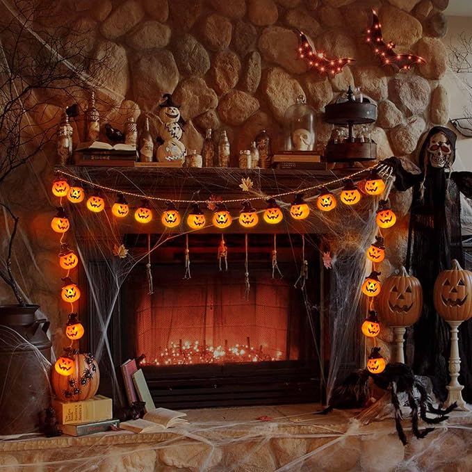 Battery Operated Pumpkin Lights for Halloween Decorations Indoor, Jack-o-Lantern String Lights for Halloween Party Front Door Porch Fireplace Camper Golf Cart Parade Garland Wreath Decor