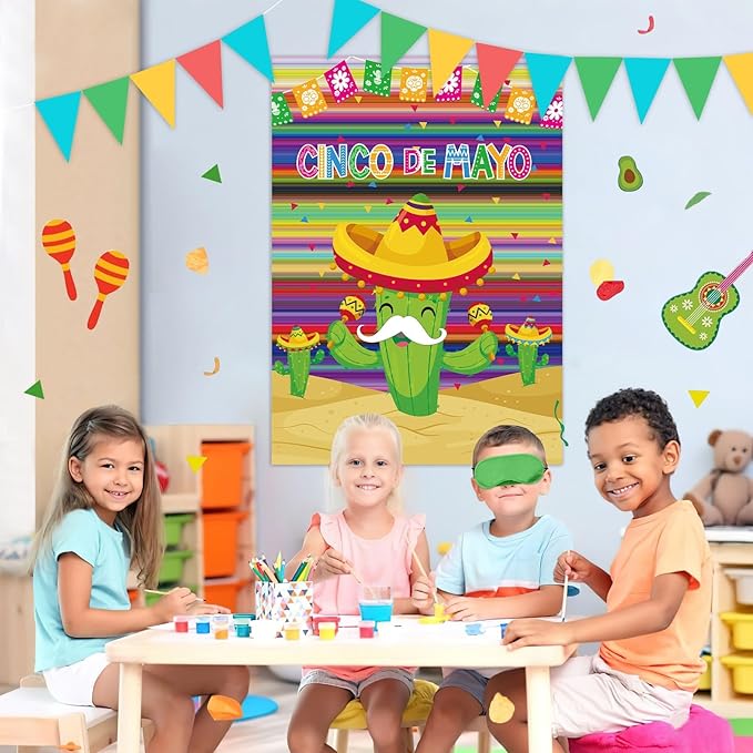 AUGSUN Mexican Fiesta Party Games Pin Tail Game Poster Large Cinco De Mayo Game with Stickers and Blindfolds for 5 De Mayo Mexican Themed Fiesta Party Supplies Family Activities Decorations