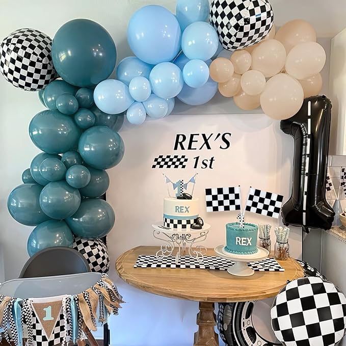 Generic Race Balloon Garland Arch Kit, Dusty Blue Black Balloons with Checkered Balloons for Race Theme Birthday Party Decorations Baby Shower Party Supplies
