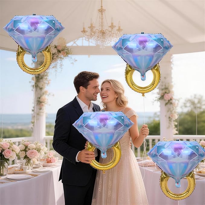 4pcs Engagement Ring Balloons, Foil Mylar Diamond Ring Balloons for Engagement Bachelorette Bridal Shower Wedding Proposal Marriage Anniversary Just Engaged Married She Said Yes Party Decorations