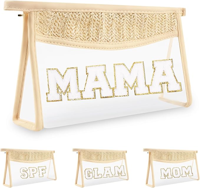 Iqimott Clear Patch Makeup Letter Bag, Boho Letter Bag for Beach Swim, Waterproof Zipper Make up Bags Toiletry Pouch for Women Girls, Clear Letters Patch Cosmetic Bags for Travel(Mama, Beige)