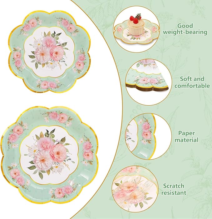 Tea Party Supplies Serves 24, Tea Party Plates and Napkins Sets Include Paper Saucers, Teacups with Handles, Tableware for Girl's Birthday, Tea Party Decoration