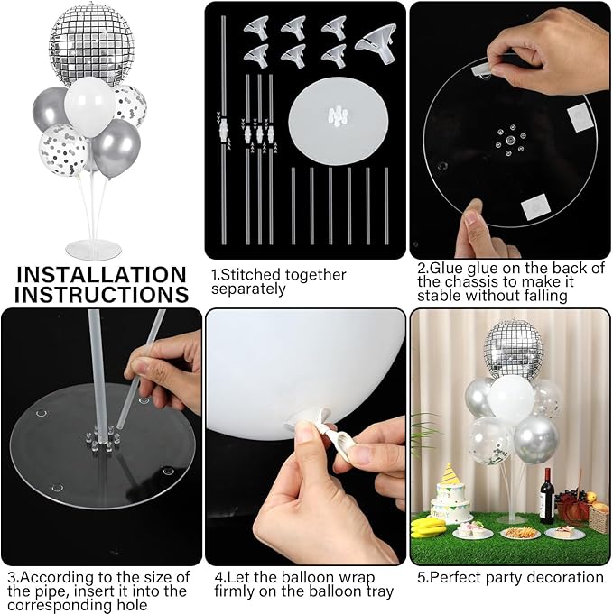 4 Sets Prom Silver Disco Ball Party Balloons Stand Kit with 4 Metallic Ball Foil Balloons Disco Themed Balloon 70s 80s 90s Dance Party Balloon Centerpiece for Tables Birthday Baby Shower Decorations