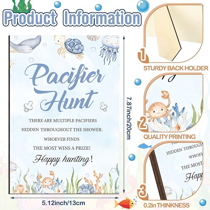 Thyle 51 Pcs Under The Sea Pacifier Hunt Baby Shower Games Include Hunt Sign and 50 Acrylic Pacifiers for Ocean Animal Baby Shower Game Decoration Sets Gender Reveal Newborn Announcement Party Decor