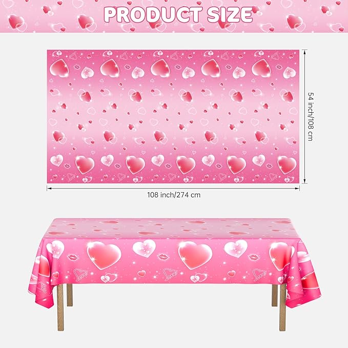 3 Pcs Valentines Day Tablecloth - Pink Heart Love Valentine Table Cloth Disposable, Plastic Rectangle Valentine's Table Cover for Valentine Day Wedding Anniversary Party Supply Tables Decor,108"x54"