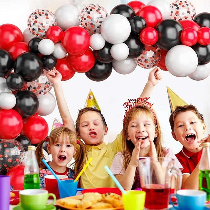 130PCS Red Black White Balloon Garland Arch Kit, 12 10 5 inch Red and Black White Balloons with Confetti Balloons, Latex Party Balloons for Baby Shower Wedding Circus BBQ Casino Poker Cars Decoration