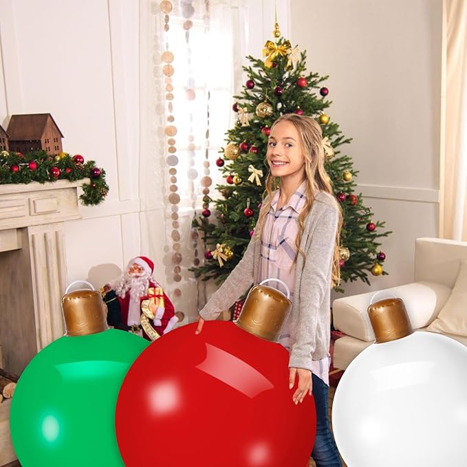 3PCS Christmas Inflatable Decorated Ball 18in Yard Inflatable Christmas Balls Giant Xmas Tree Ornaments PVC Blow up Yard Decorations for Outside Holiday Yard Lawn Porch Decor (Red White Green)
