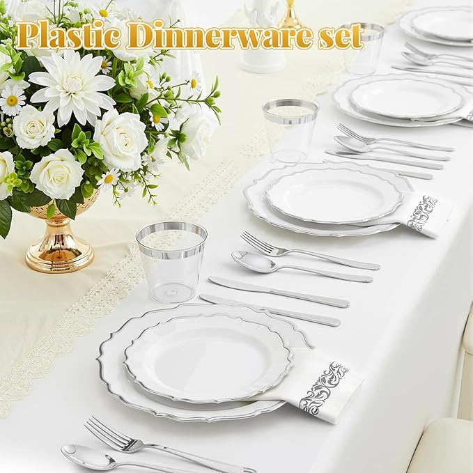 175 Plastic Dinnerware Set Silver Disposable Dinnerware Set for 25 Guests Include 50 Plastic Plates,25 Silverware Set,25 Cups and 25 Napkins for Easter Party Wedding Thanksgiving