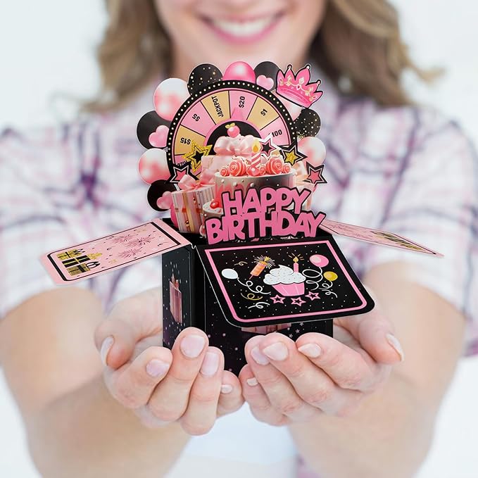 FaCraft Pop Up Birthday Card for Girl - 3D Handmade Spinning Wheel Design with Envelope & Blank Insert, Pink Interactive Happy Birthday Greeting Card for Daughter, Teens & Loved Ones