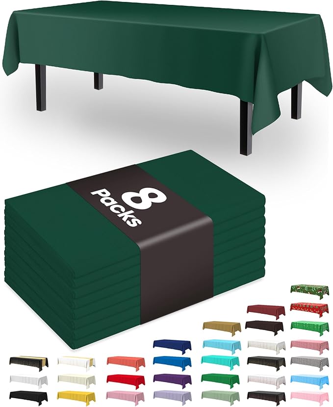 Pureegg Plastic Table Cloth Disposable 8 Pack, 54 x 108 Inch Table Cloths, Easter Party, Picnic, Wedding, Decorative Tablecloths, Rectangle, Plastic Cover, Leakproof & Sturdy, Emerald Green