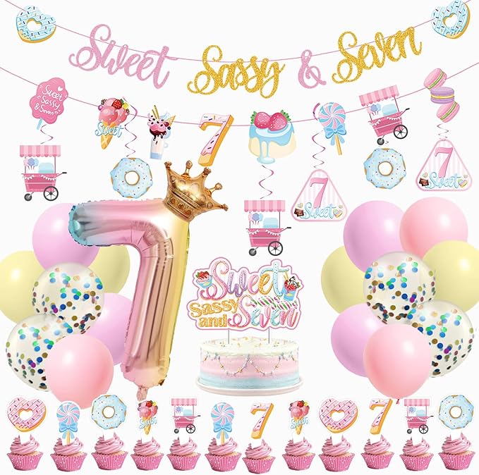 Sweet Sassy And Seven Birthday Decorations- 7th Birthday Decorations For Girls With Donut Banner Sweet Cake Topper 7th Foil Balloon For 7th Donut Themed Party Decor Sweet Seven Party Supplies