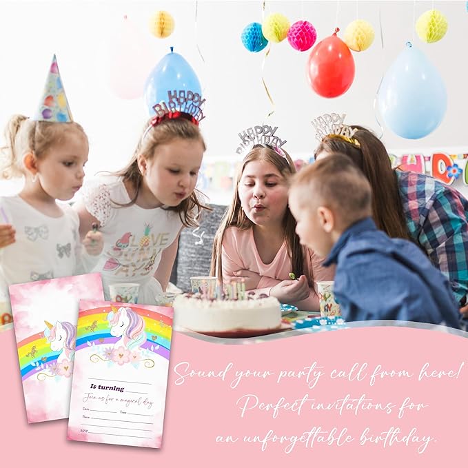 Rainbow Magical Unicorn Birthday Party Invitations - 20-Pack of 4''x6'' Invite Cards with Envelopes, Double-Sided Fill In Birthday Party Celebrate Supplies & Decoration For Girls - A07